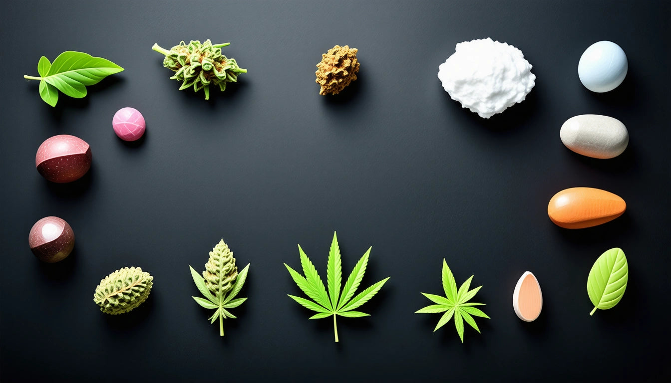 Various seeds, leaves, and colorful capsules arranged in a semicircle on a black surface