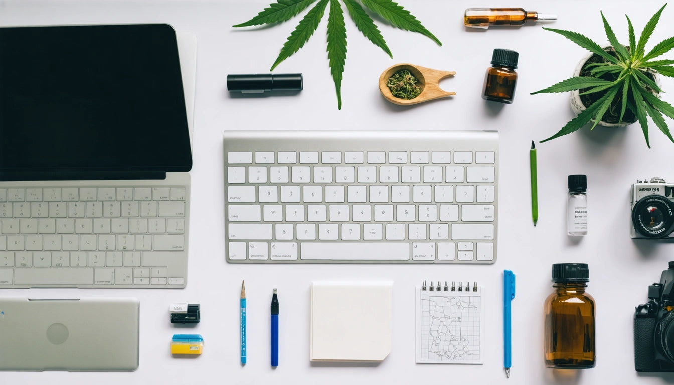 Laptop, keyboard, and various office supplies on white surface, surrounded by cannabis leaves and bottles