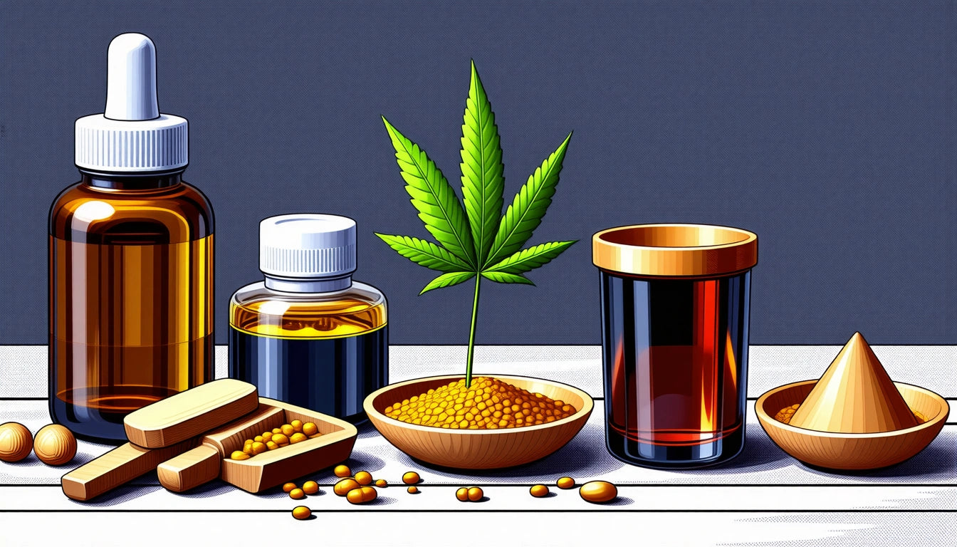 Brown bottles with droppers, a cannabis leaf in a bowl, wooden scoops with yellow granules, and a conical wooden container
