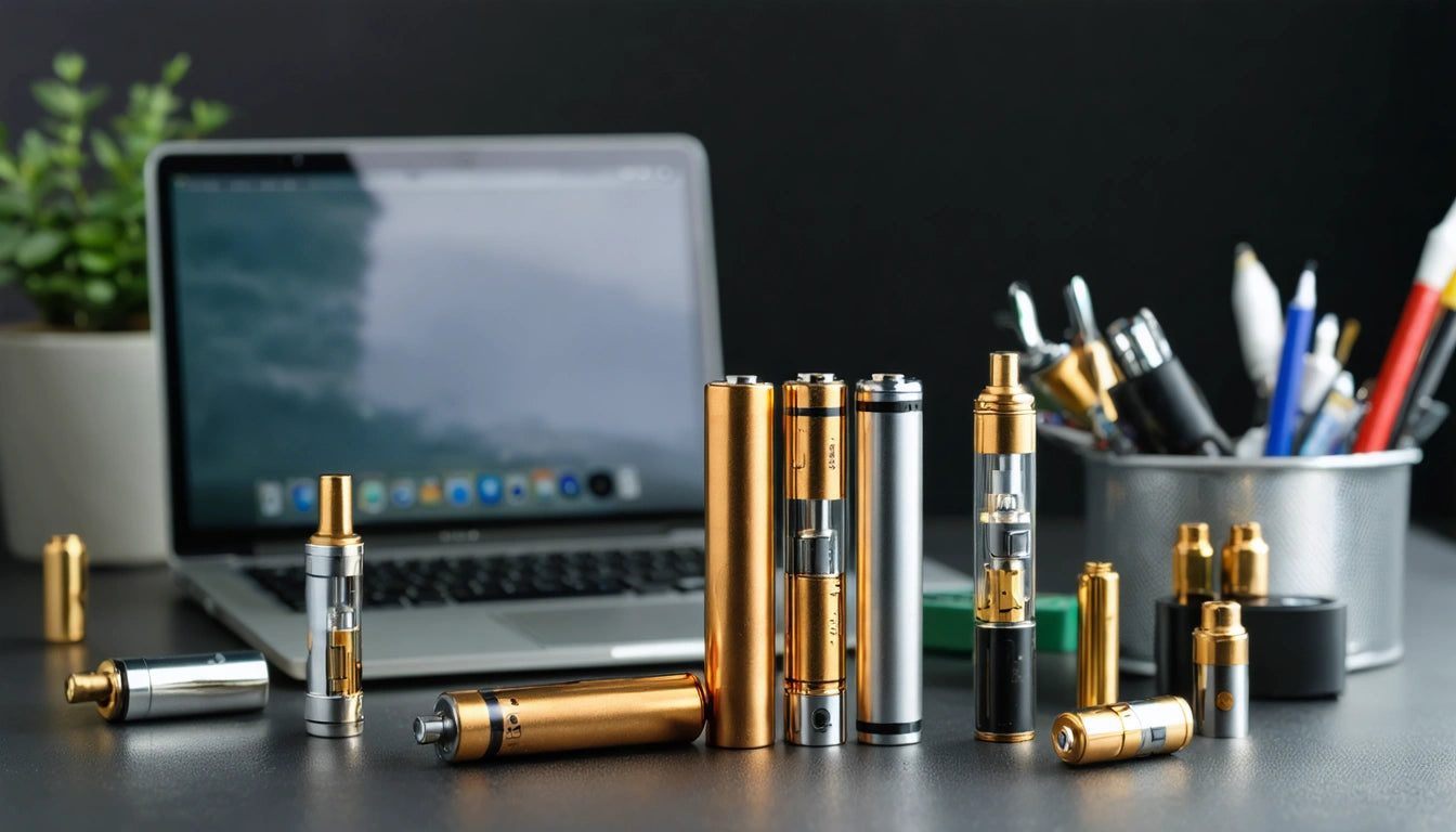 Various metallic vape devices on desk, open laptop in background, potted plant to the left, pen holder to the right
