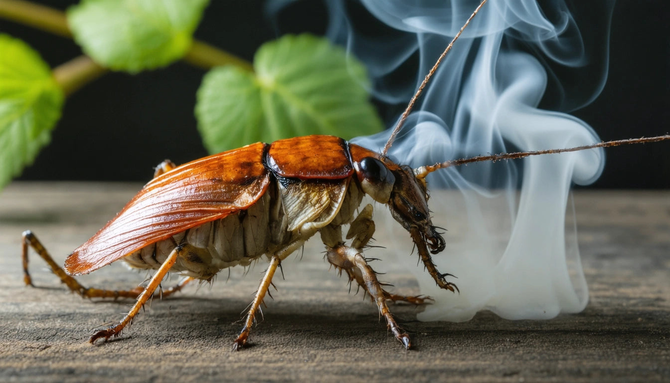 Brown cockroach on wooden surface with smoke swirling around, green leaves in background