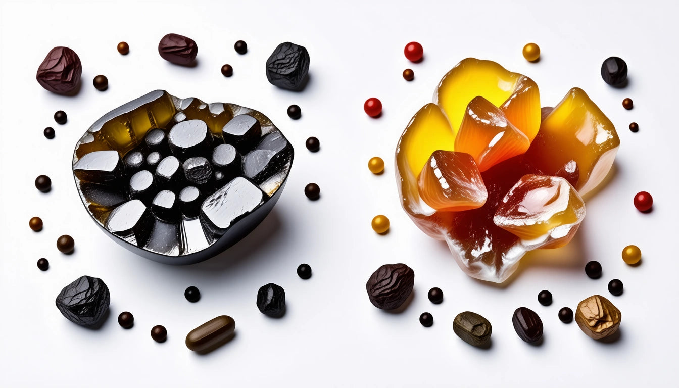 Two abstract sculptures with glossy surfaces, surrounded by scattered small spheres and stones on a white background