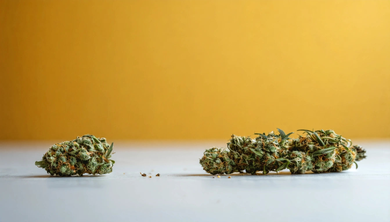 Two clusters of green plant buds on a white surface against a solid yellow background