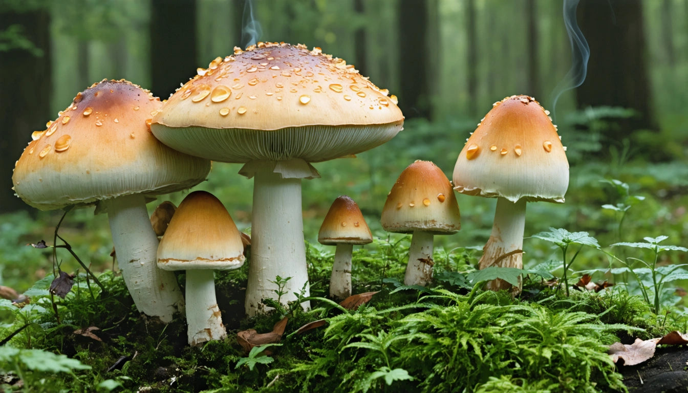 Cluster of orange-capped mushrooms with dewdrops on caps, surrounded by green moss and blurred forest background