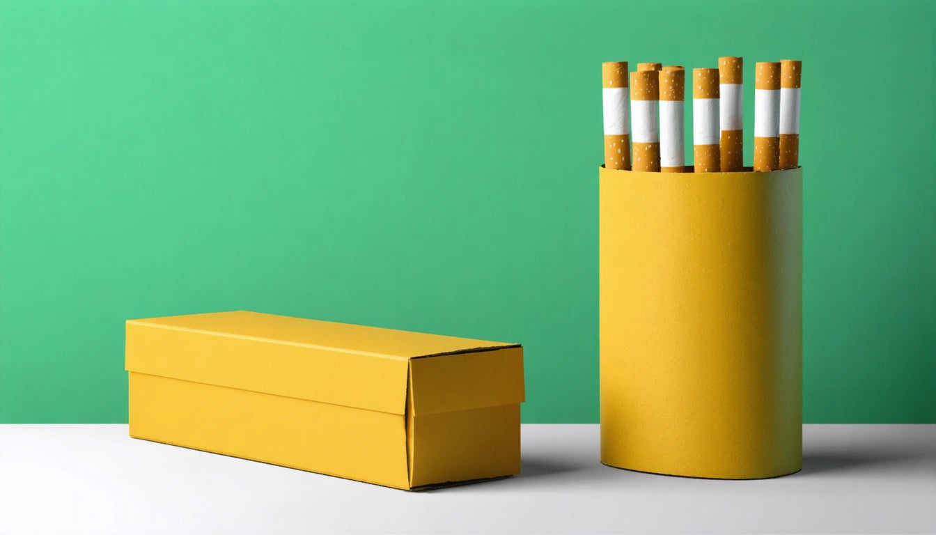 Yellow rectangular box and cylindrical container with cigarettes against a green background