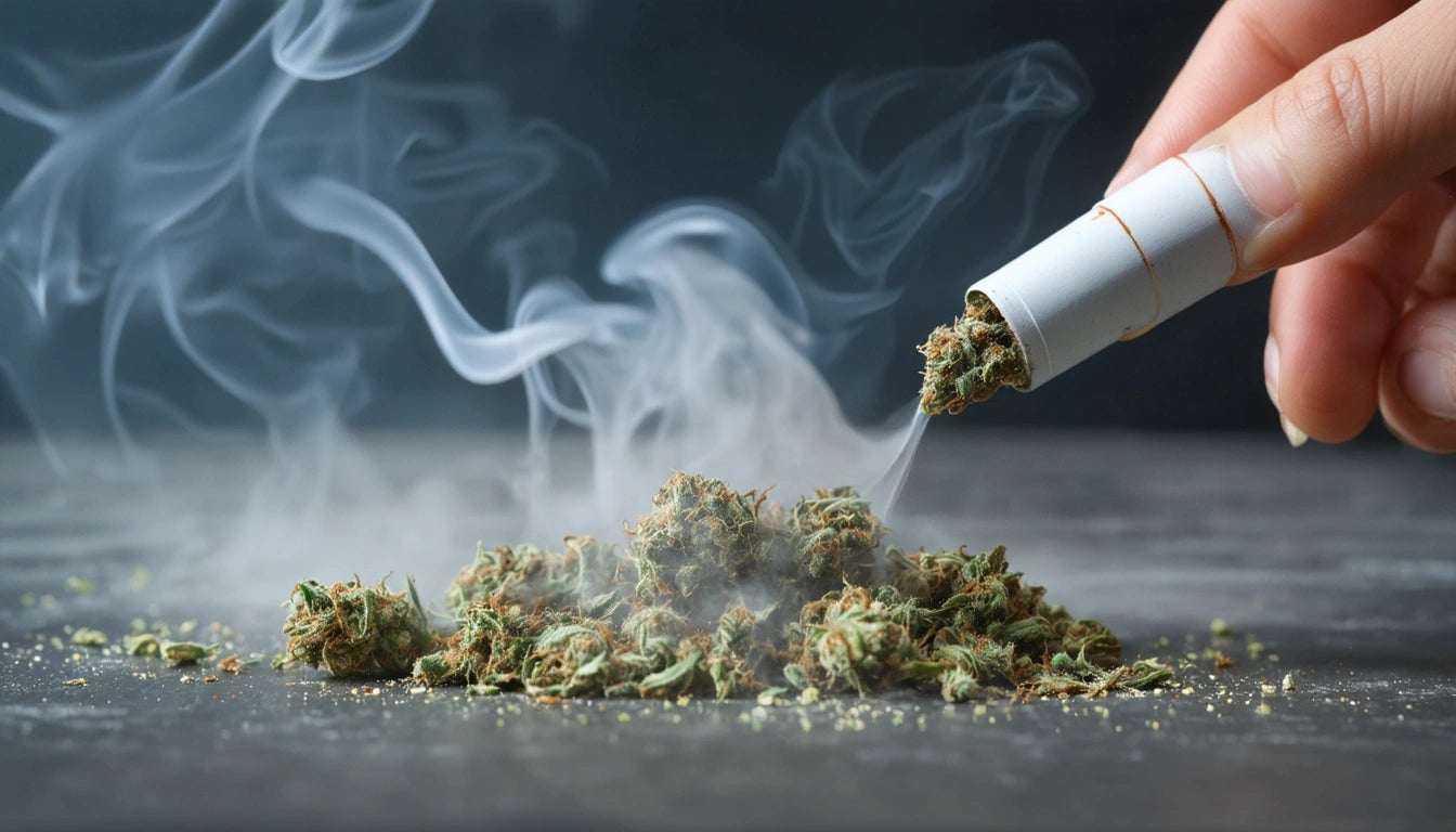 Hand holding a white tube above a pile of dried green herbs on a dark surface, with smoke rising around