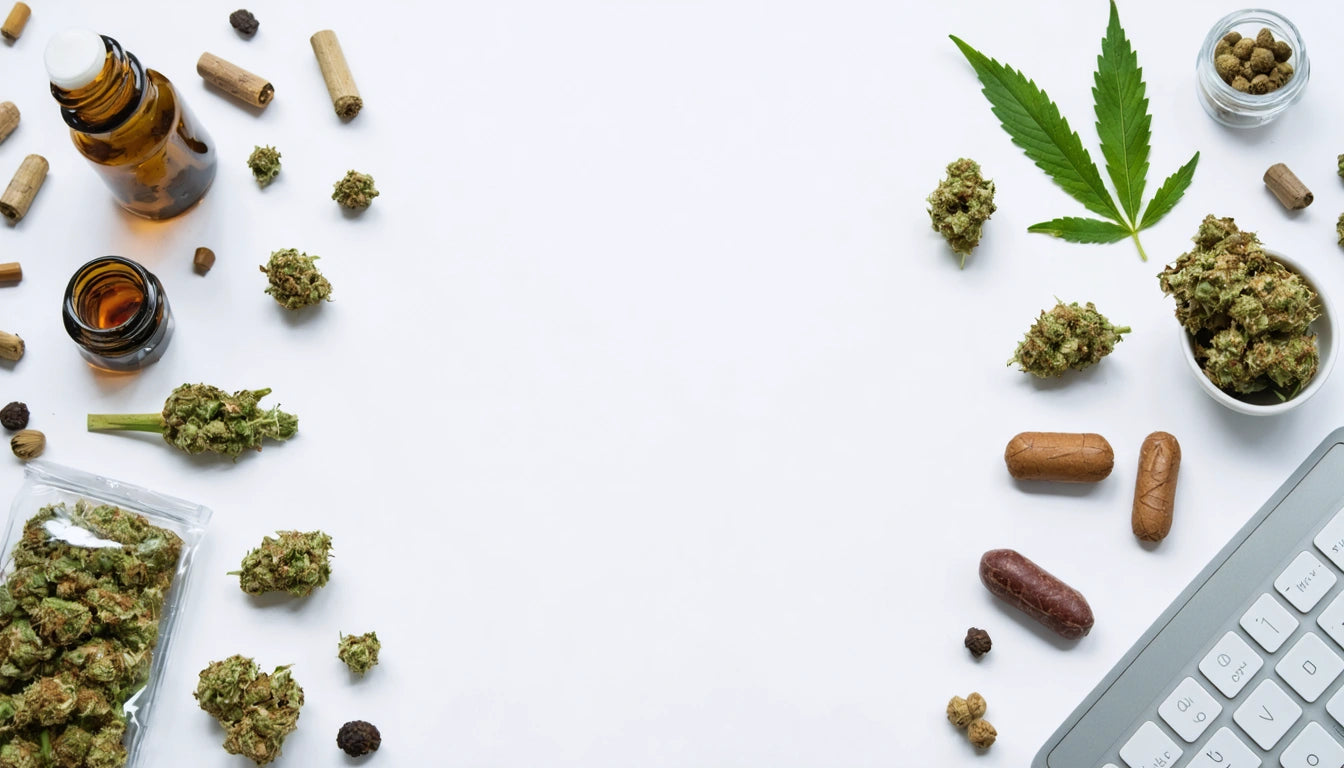 Dried herbs, capsules, and a green leaf arranged around a white background with a keyboard corner visible