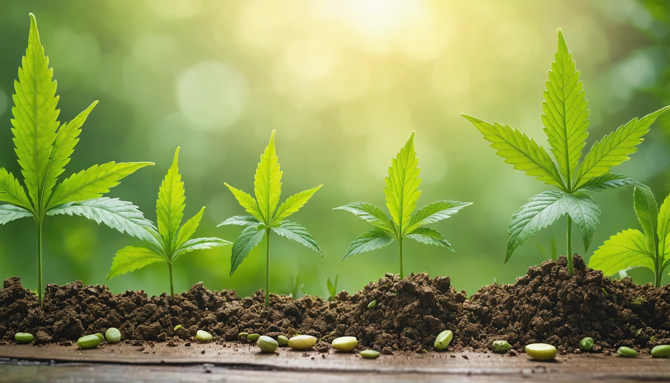 Six small green plants with serrated leaves growing in soil, scattered seeds, blurred green background with bright sunlight