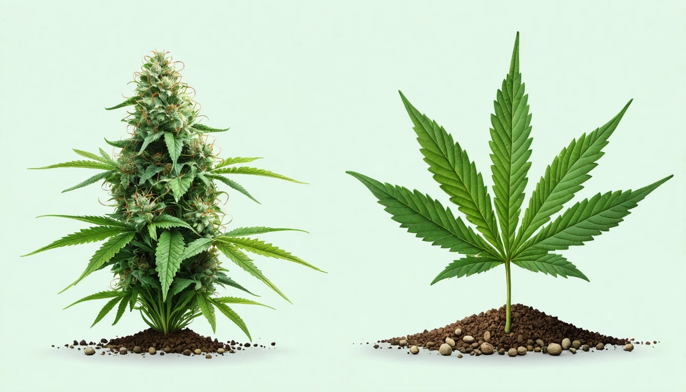 Cannabis plant with dense buds on left, single cannabis leaf on right, both rooted in small mounds of soil against a light background
