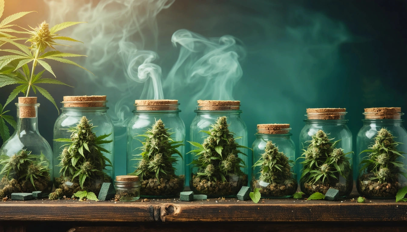 Six glass jars with cork lids, each containing a green plant, on a wooden surface. Smoke swirls above against a teal background