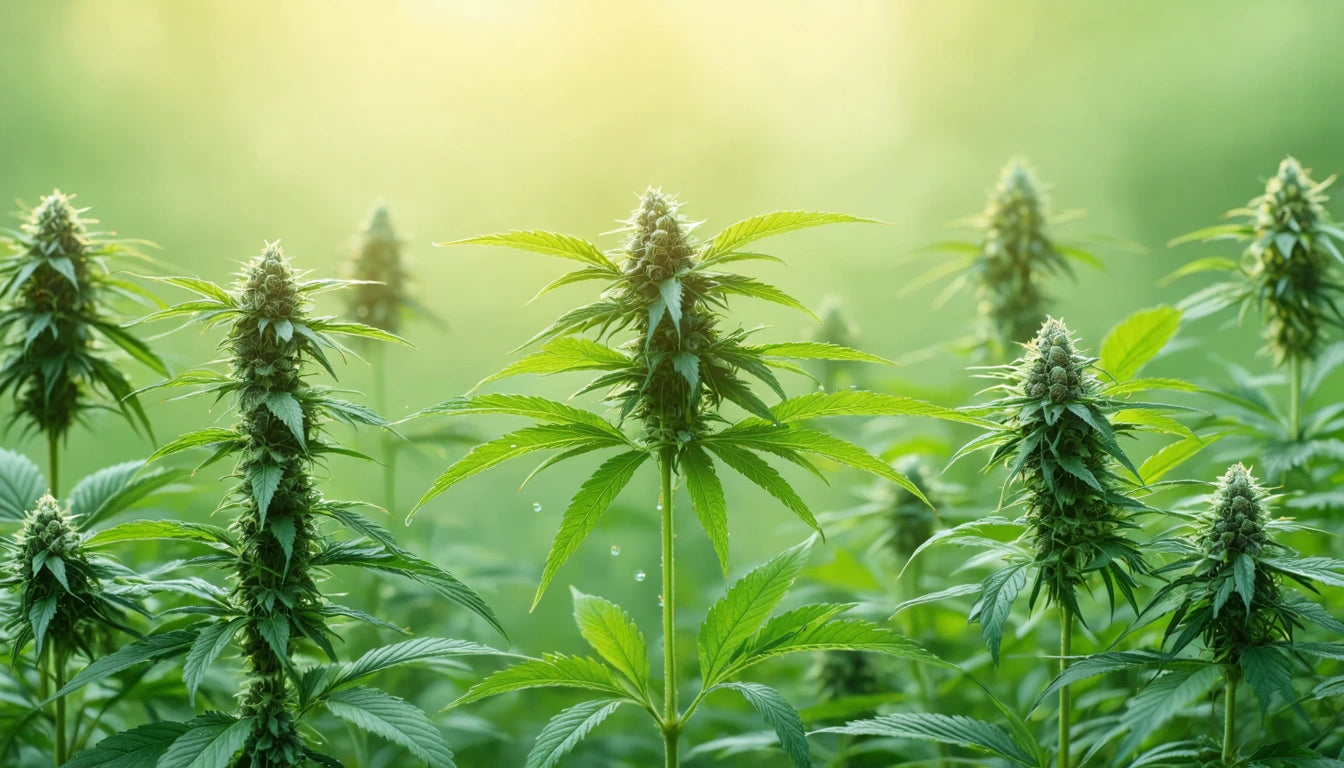 Tall green plants with pointed leaves and clustered buds, set against a soft, glowing background