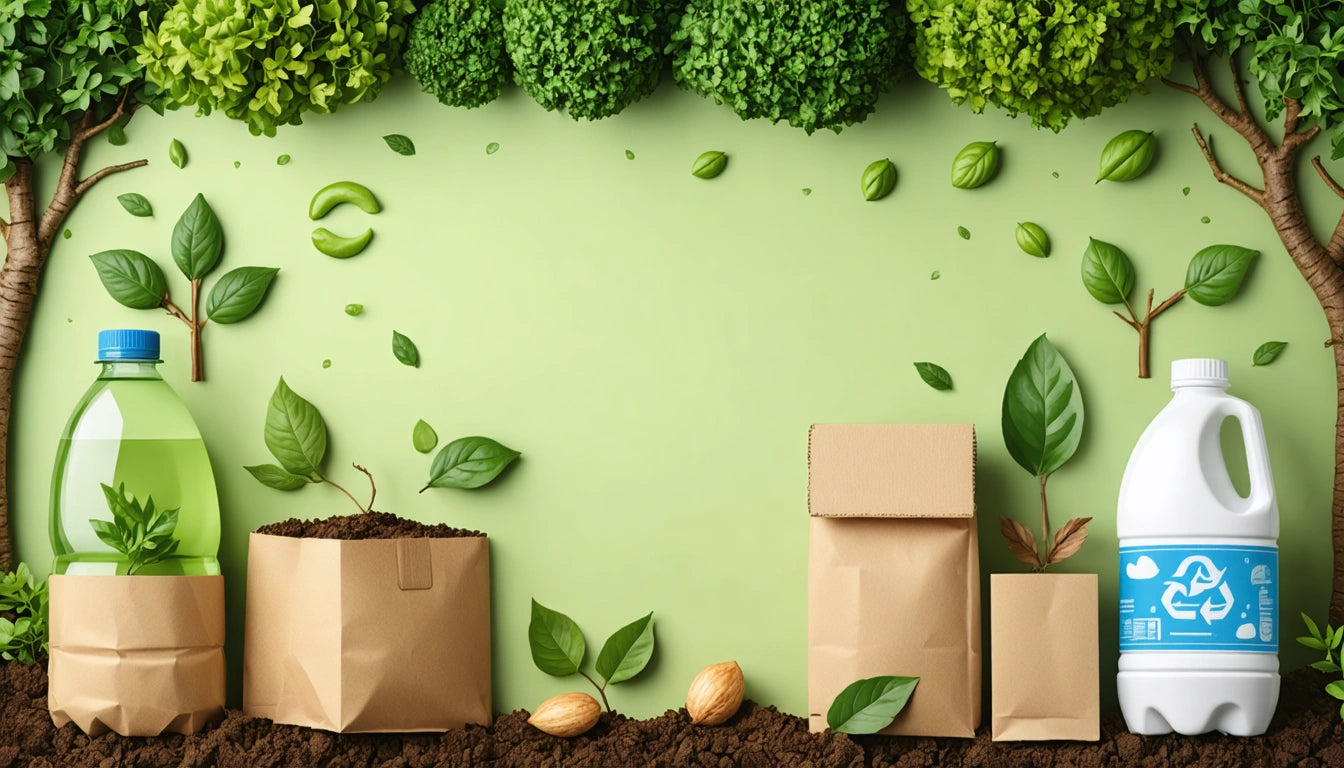 Green plastic bottle, paper bags, and white jug on soil with scattered leaves and nuts, tree trunks in background