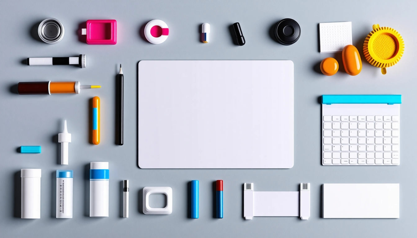White tablet surrounded by colorful office supplies, including pens, bottles, and a keyboard on a gray surface