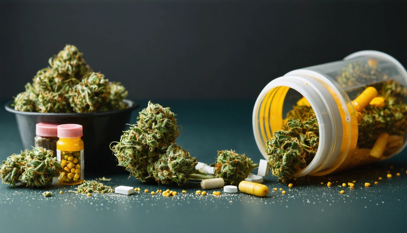 Glass jar tipped over with green buds spilling out, surrounded by capsules and pills on a dark surface
