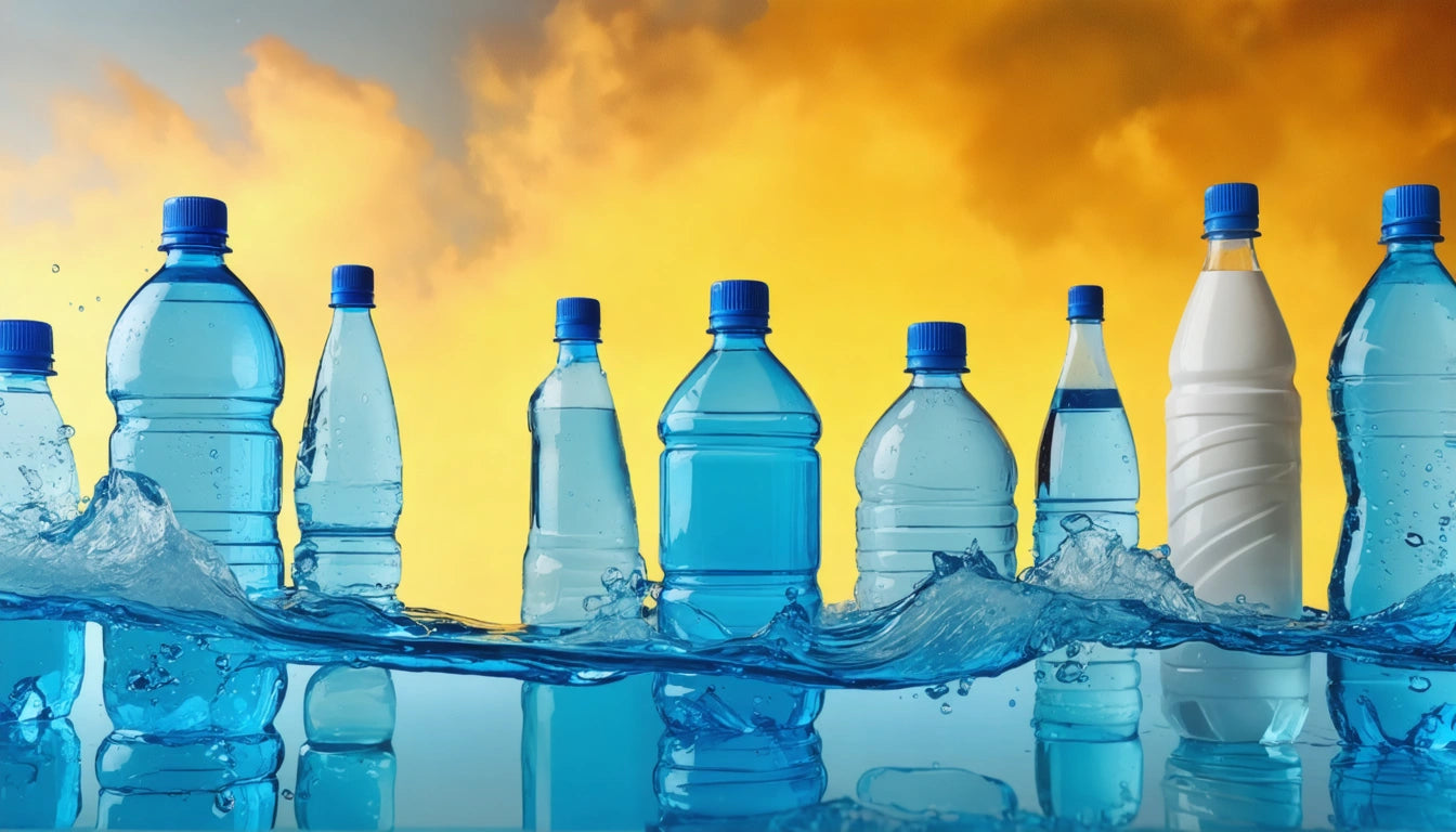 Eight plastic water bottles with blue caps against a vibrant orange and yellow sky, partially submerged in splashing water