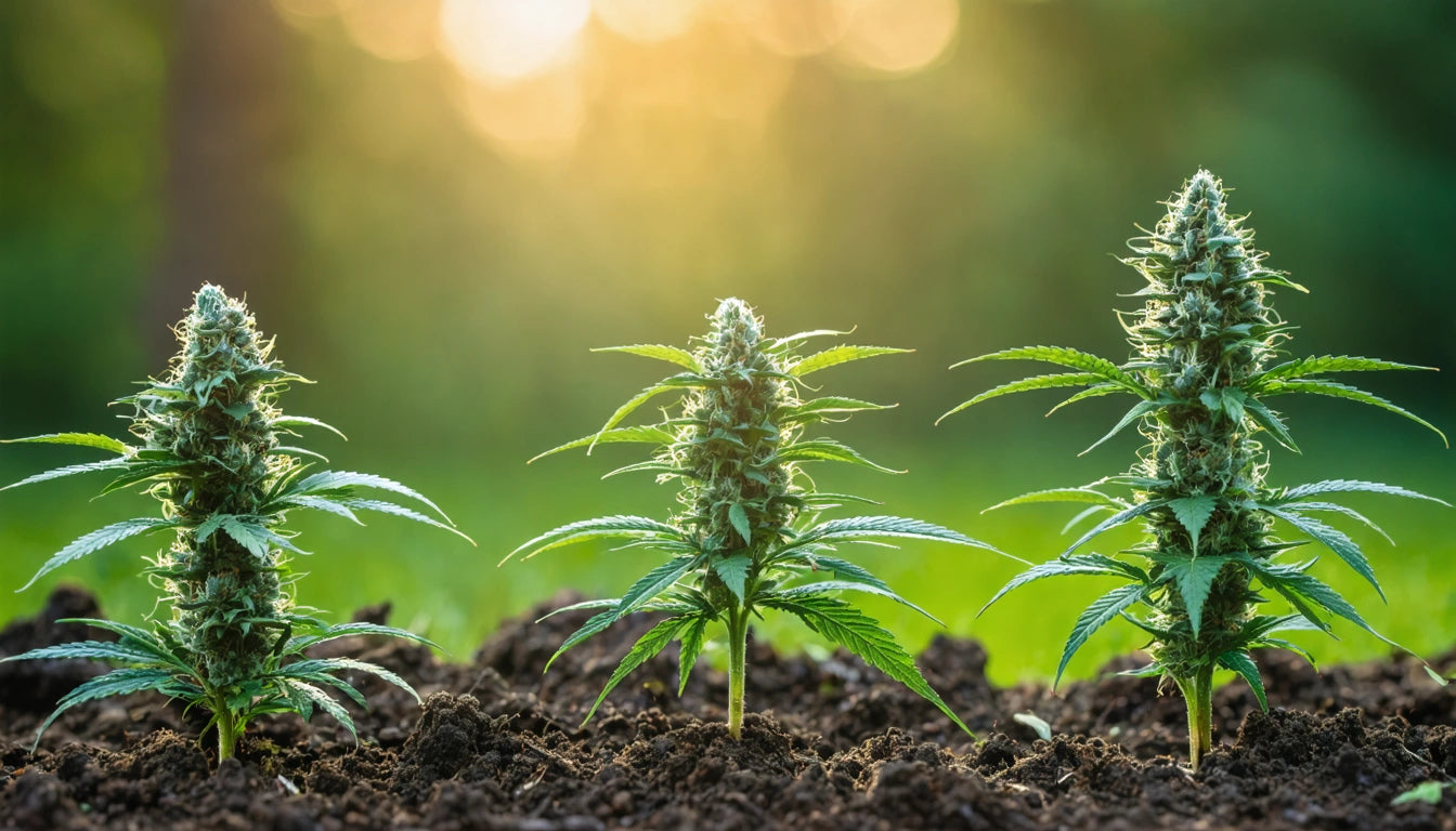 Three green plants with serrated leaves and buds growing in soil, with a blurred background of sunlight and greenery
