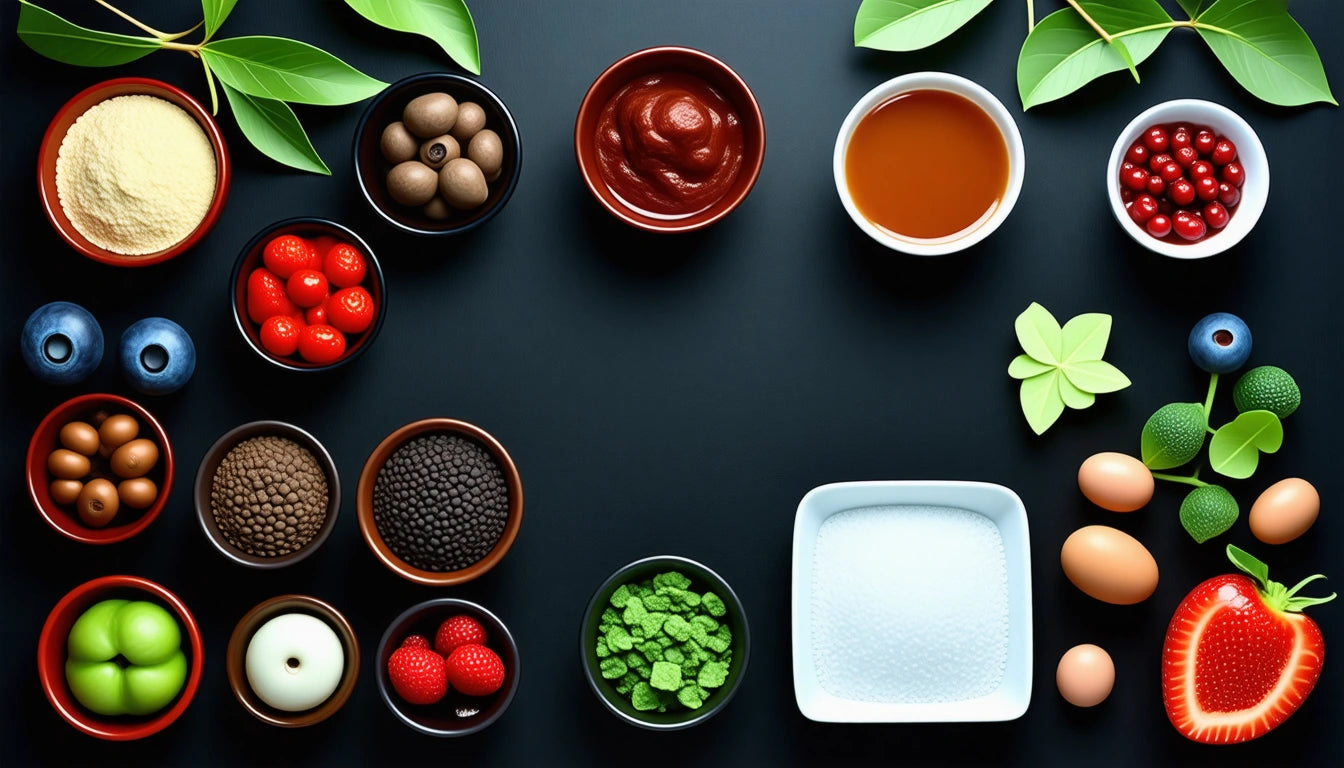 Assorted bowls of colorful ingredients and fruits on a black surface, surrounded by green leaves