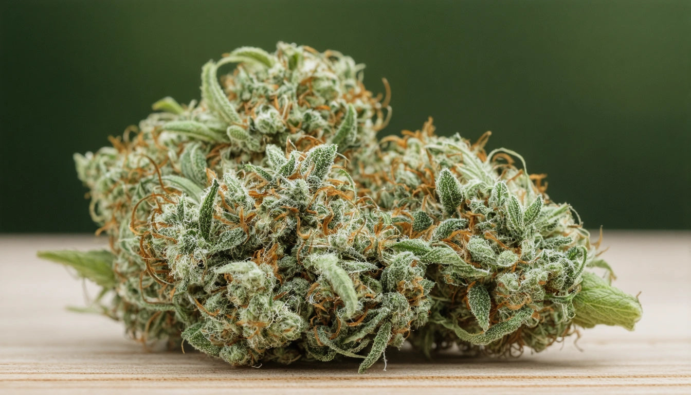 Dense cluster of green and orange plant material with fine hairs, resting on a light wooden surface against a dark green background