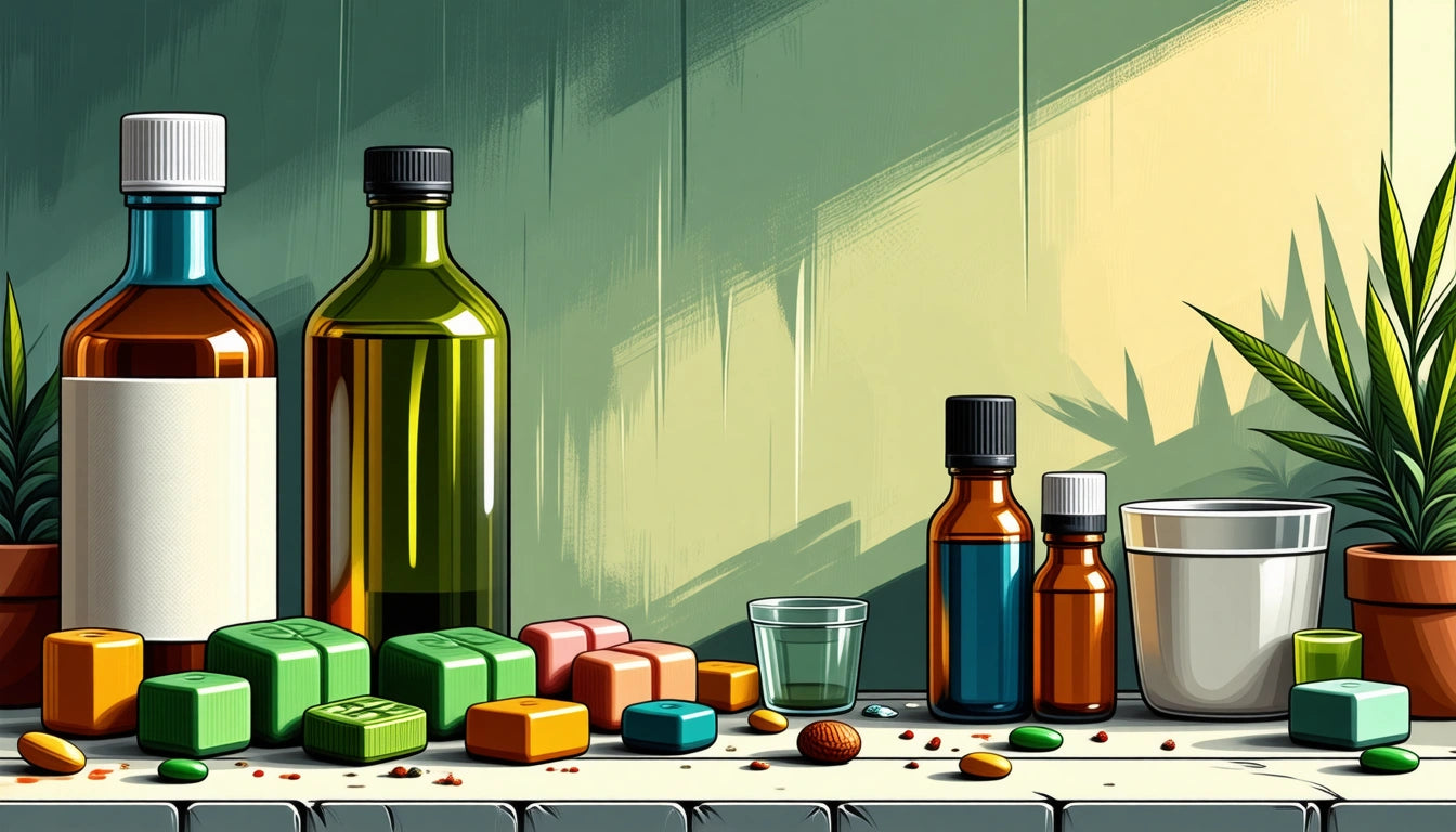 Bottles and colorful blocks on a table, with plants and a cup in the background, under warm lighting