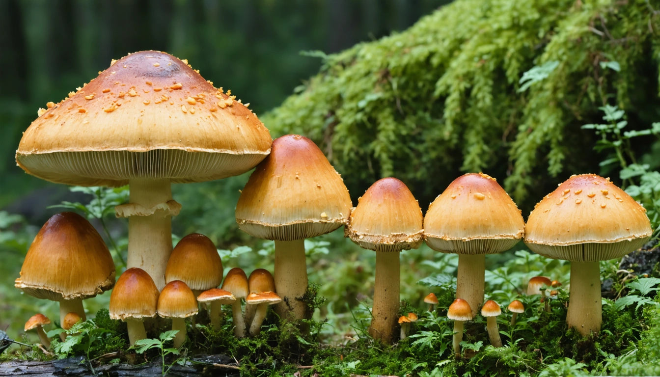 Cluster of orange-brown mushrooms with textured caps growing on mossy forest floor
