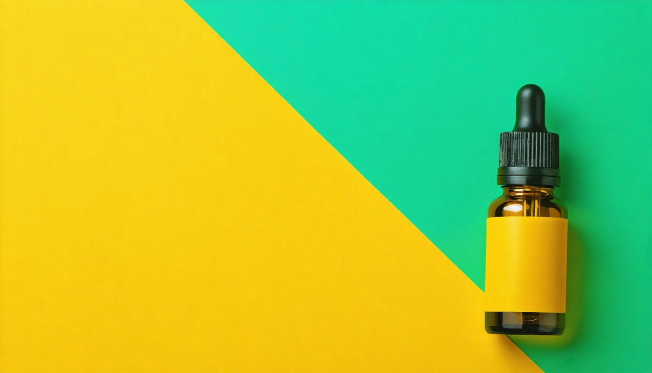 Amber dropper bottle with yellow label on green and yellow diagonal background
