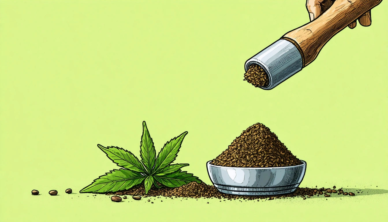 Hand holding a wooden grinder above a bowl of ground brown substance, with green leaves and seeds on a light green background