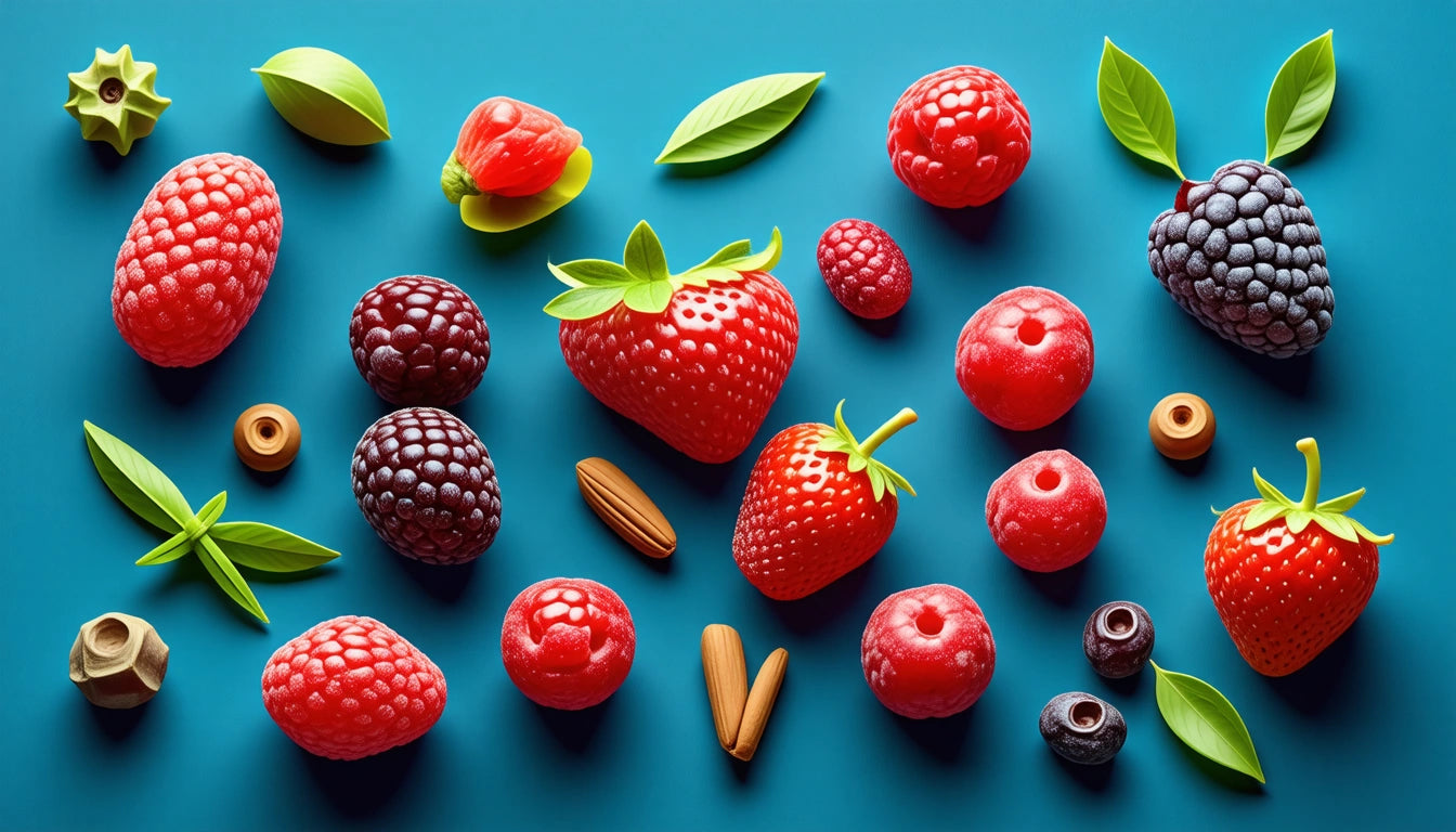Assorted berries and nuts scattered on a blue surface, including strawberries, raspberries, blackberries, and almonds