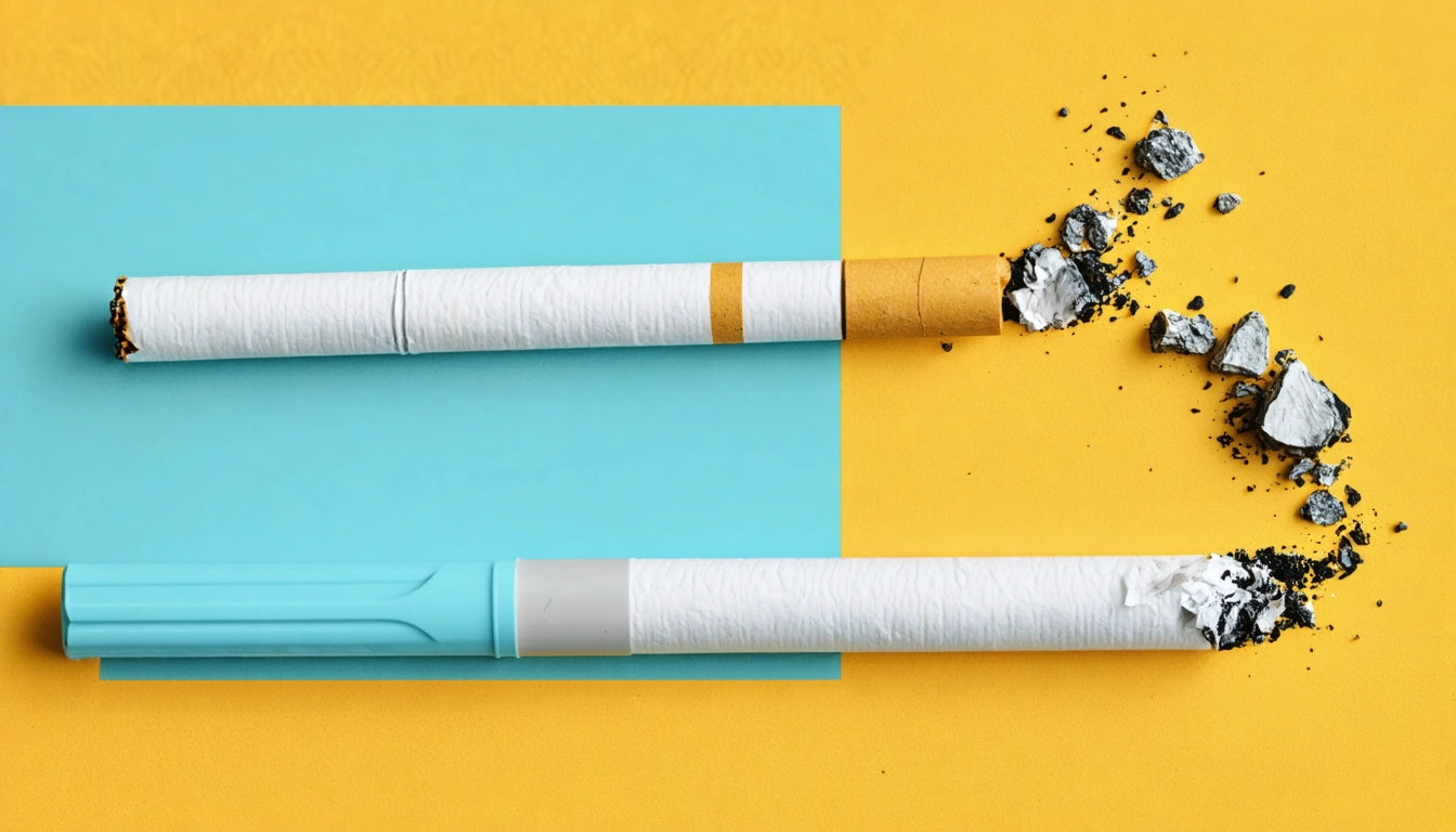 Two cigarettes on yellow and blue background, one intact, the other broken with scattered ash
