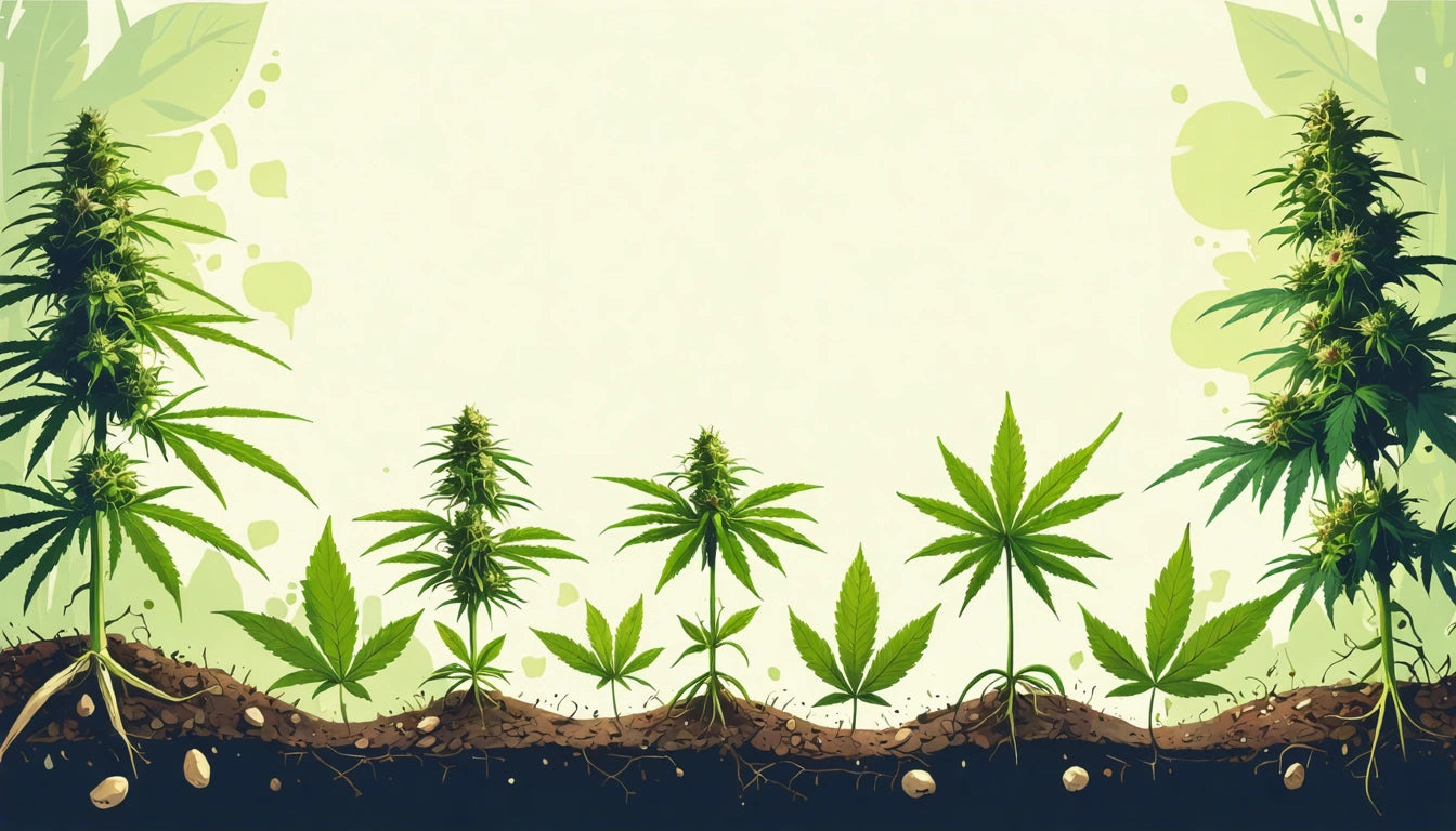 Various stages of plant growth from seed to mature plant with green leaves, roots visible in soil, light green background