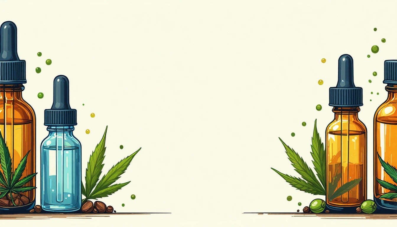 Two dropper bottles, one blue and one amber, with green leaves and small brown nuts on a light background