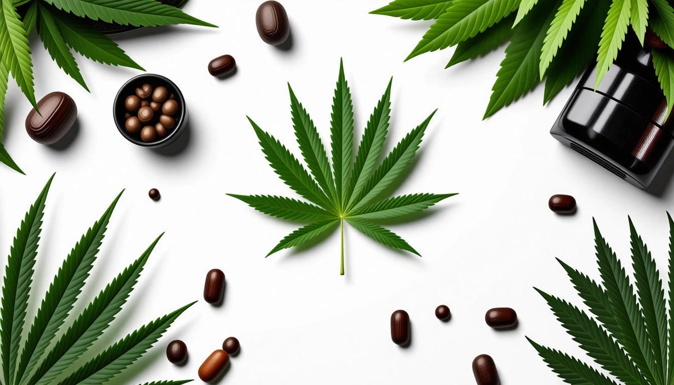 Green cannabis leaves, brown capsules, and a black jar on a white background