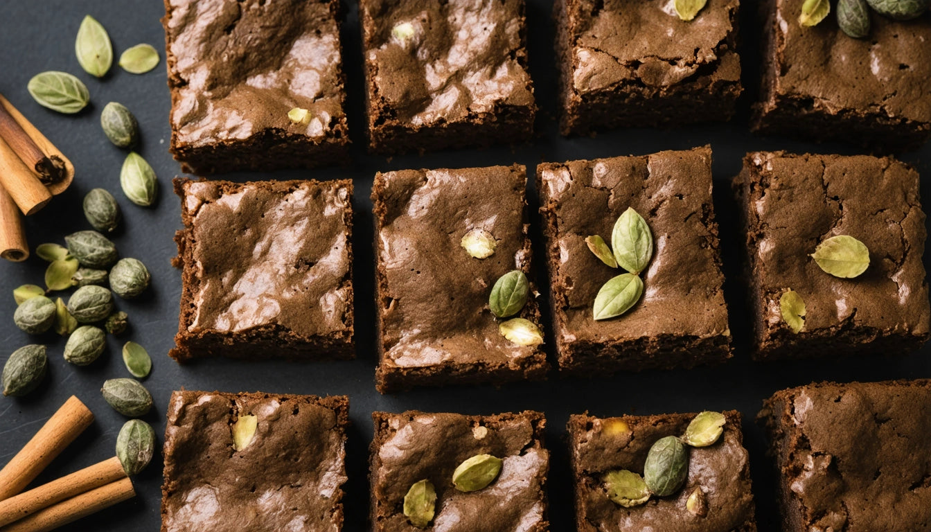 Brownie squares on dark surface, topped with pumpkin seeds, surrounded by cinnamon sticks and loose pumpkin seeds