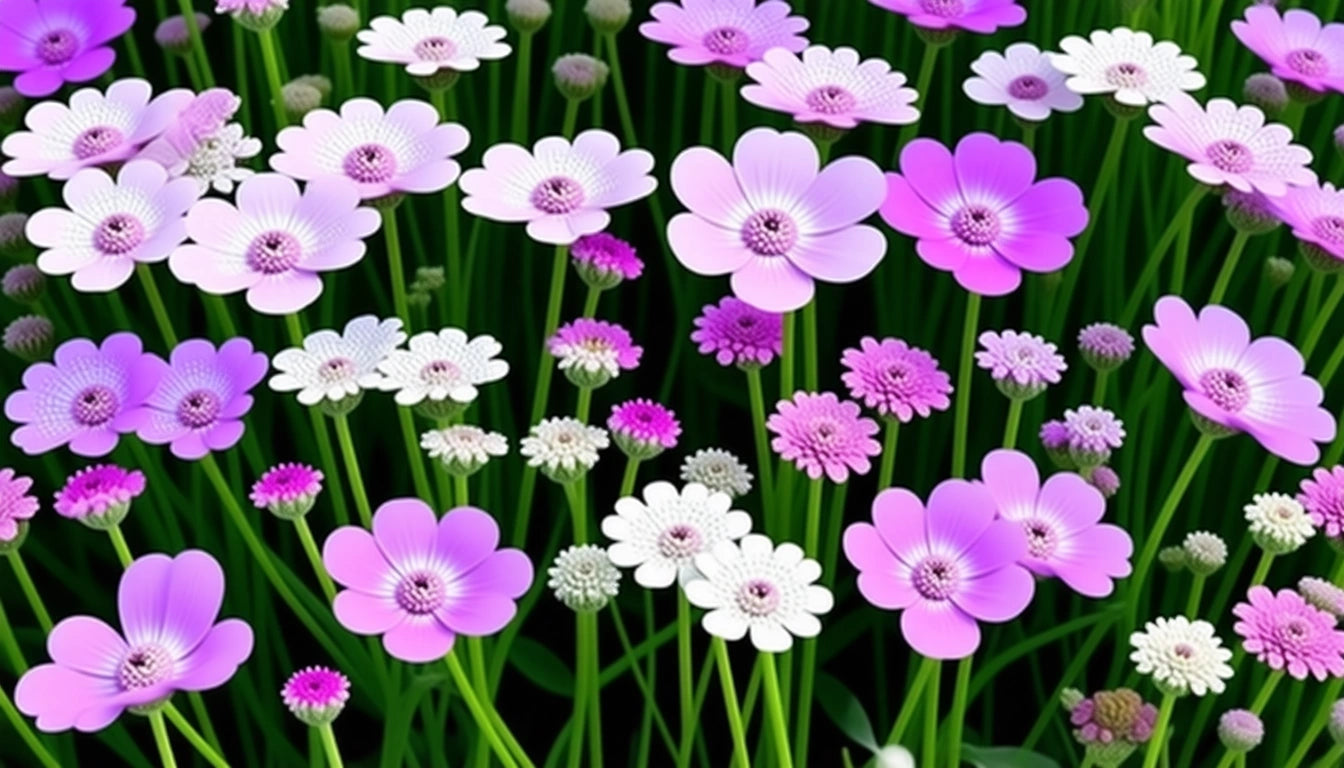 Pink, purple, and white flowers with green stems densely covering the ground