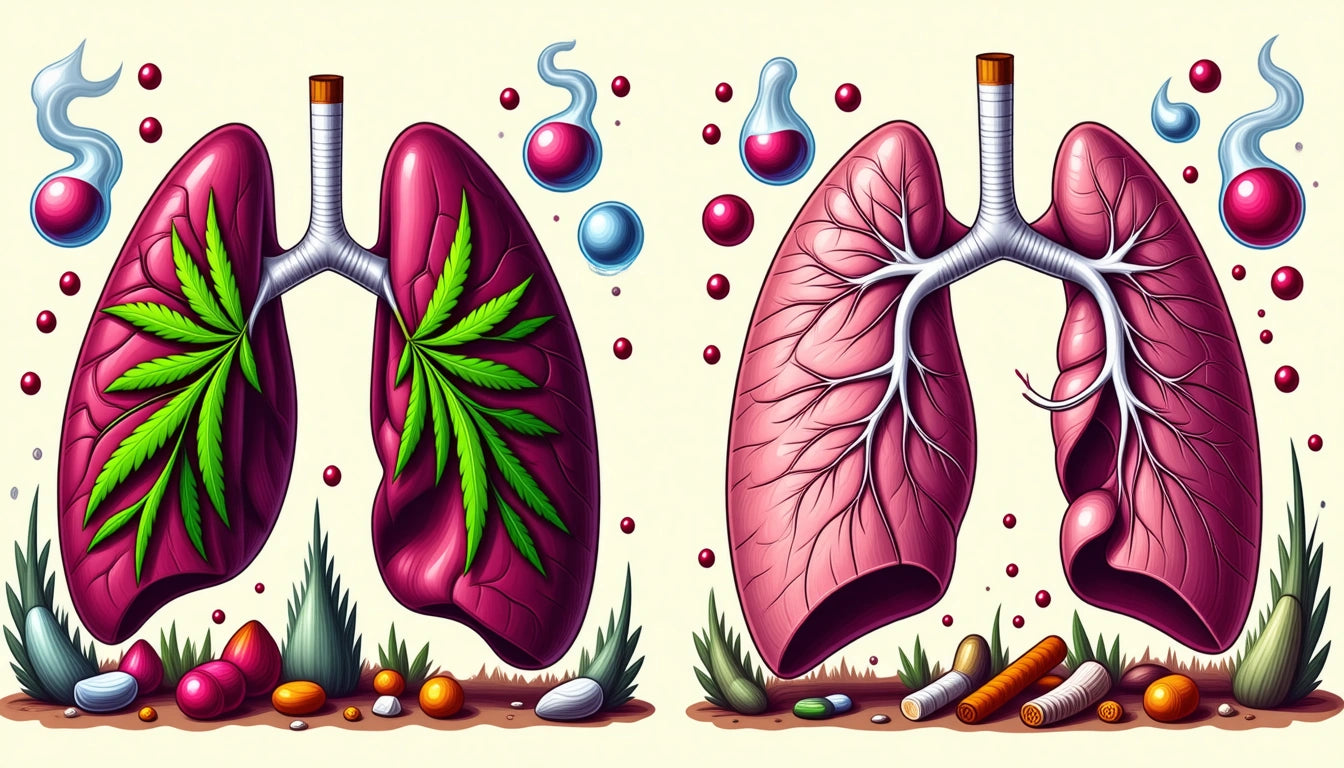 Two stylized lungs side by side; left lung with green leaf patterns, right lung with detailed veins, surrounded by pills and smoke