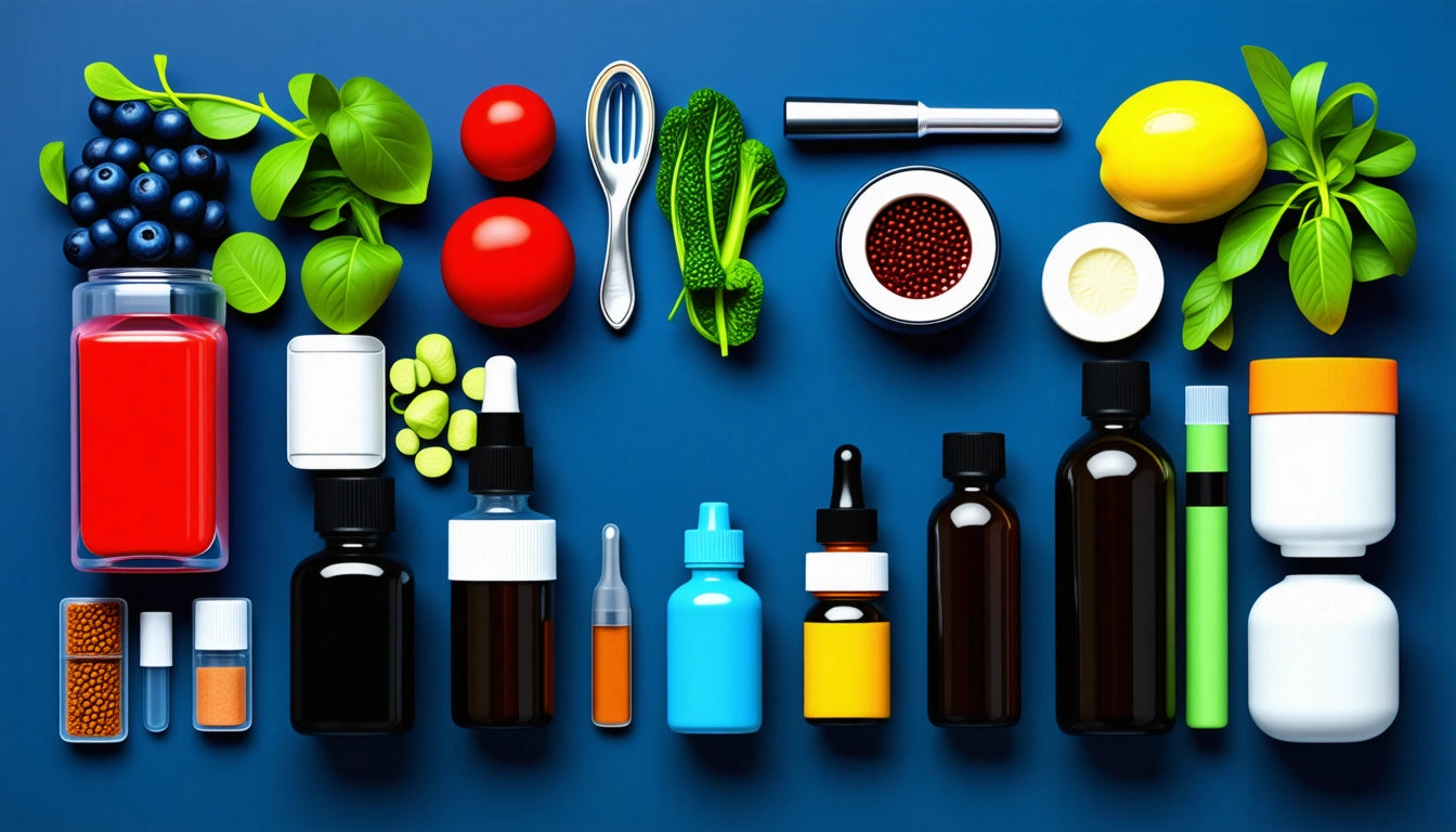 Assorted bottles, fruits, vegetables, and utensils on a blue background