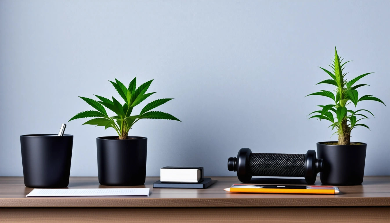 Two potted plants on a wooden desk with a black cylindrical speaker, a notebook, and a pen holder