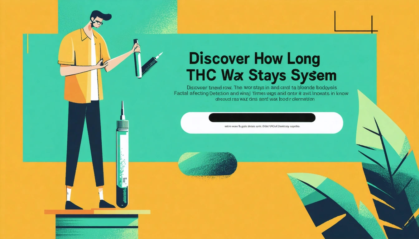 Person holding a test tube and dropper, standing next to a large syringe, with bold text and abstract shapes in the background