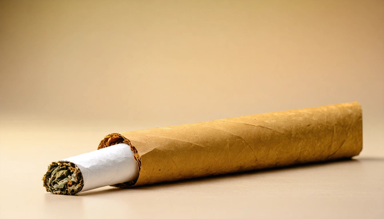 Brown paper-wrapped cigarette with white filter tip on a beige surface