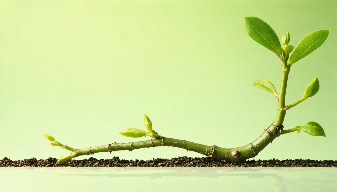 Green plant stem with leaves growing horizontally on soil against a light green background