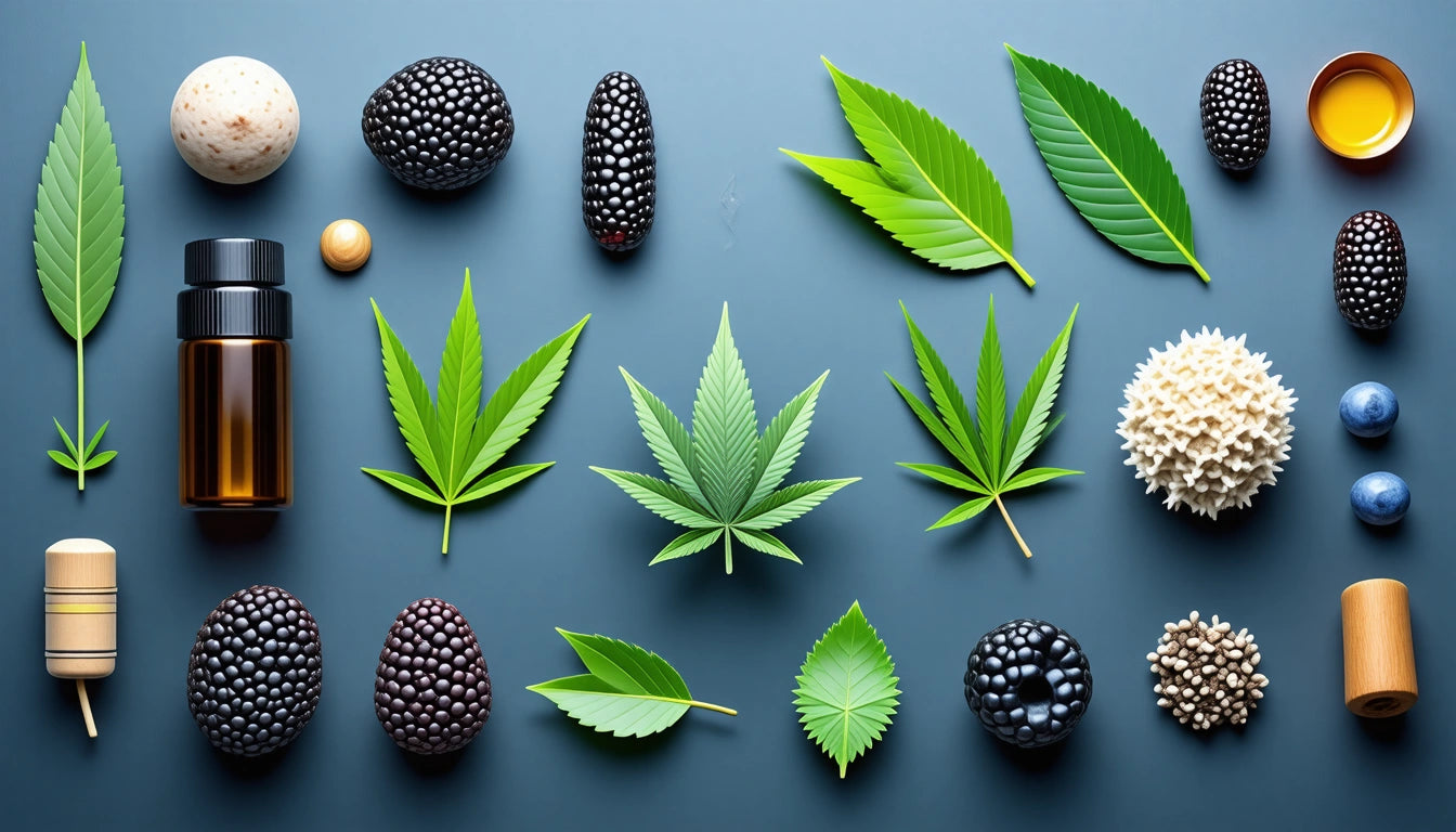 Assorted leaves, blackberries, and small bottles arranged on a blue surface, with varied textures and colors