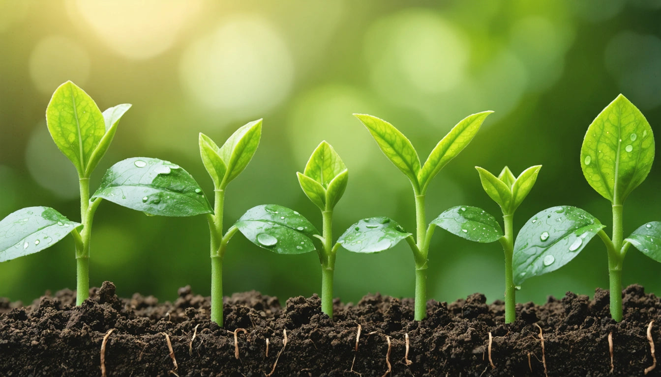Seven small green seedlings in soil with water droplets, against a blurred green background with bright light