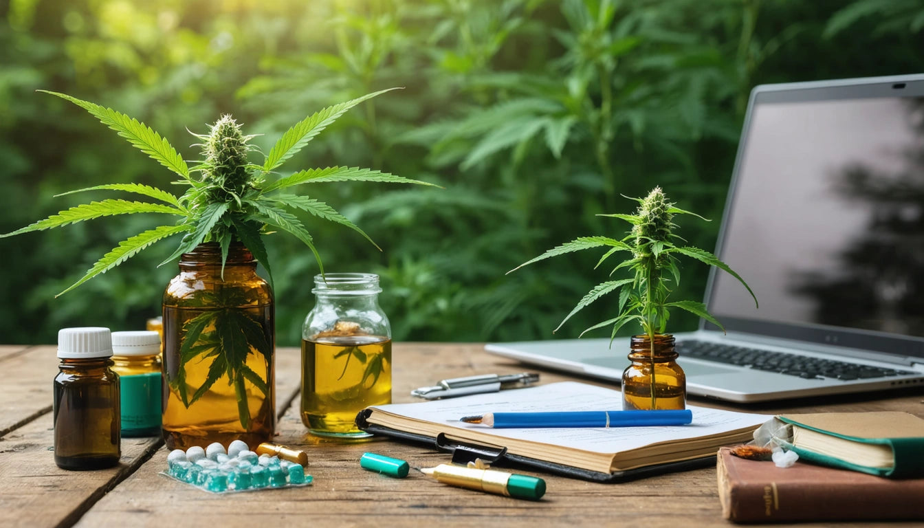 Cannabis plants in jars on wooden table with open notebook, pills, pen, and laptop in outdoor setting