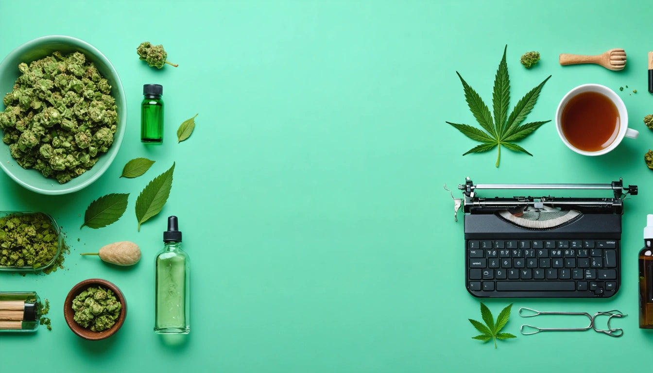 Green background with cannabis leaves, buds, glass bottles, a typewriter, cup of tea, and a wooden hand on the sides