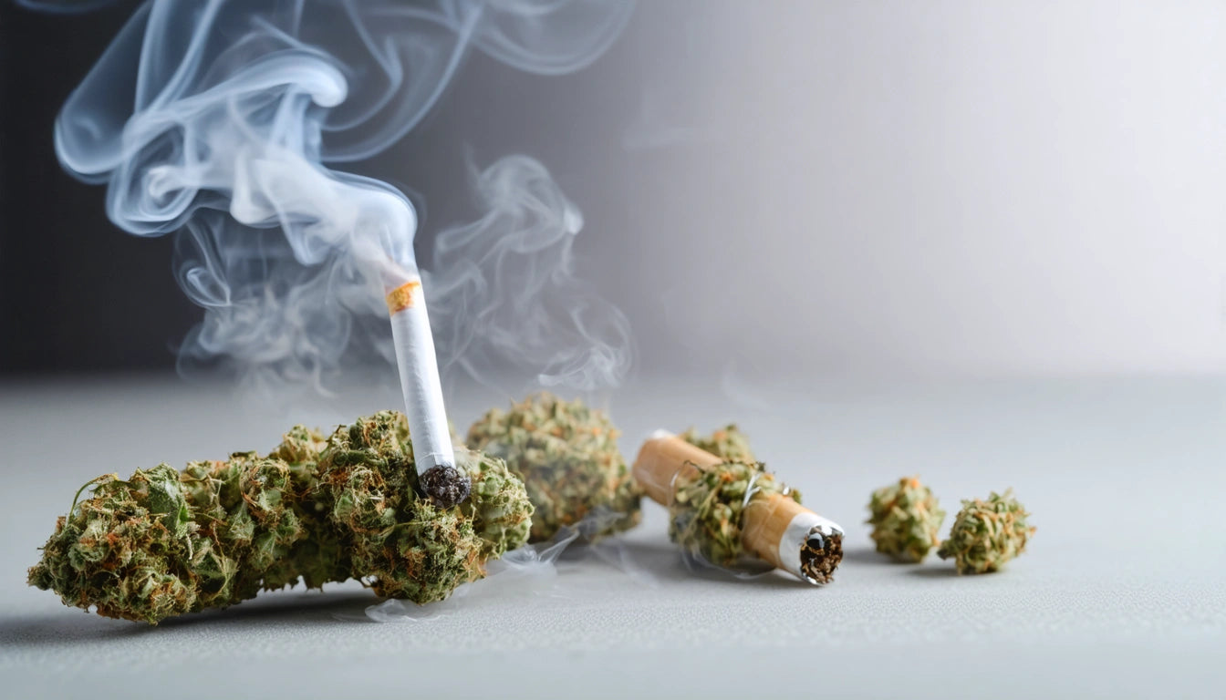 Burning cigarette on cannabis buds with smoke rising, another rolled cigarette nearby on a gray surface