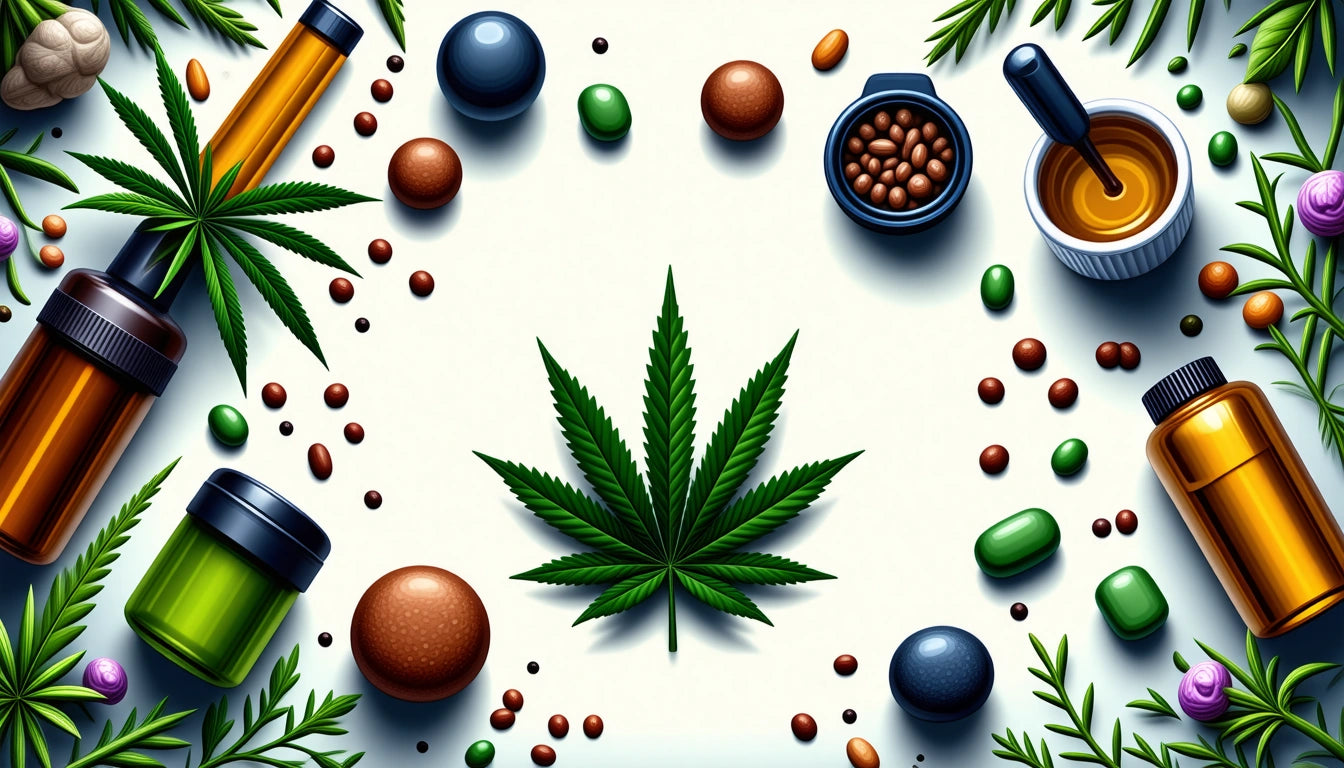 Green cannabis leaf centered, surrounded by pills, capsules, amber bottles, and green leaves on a white background