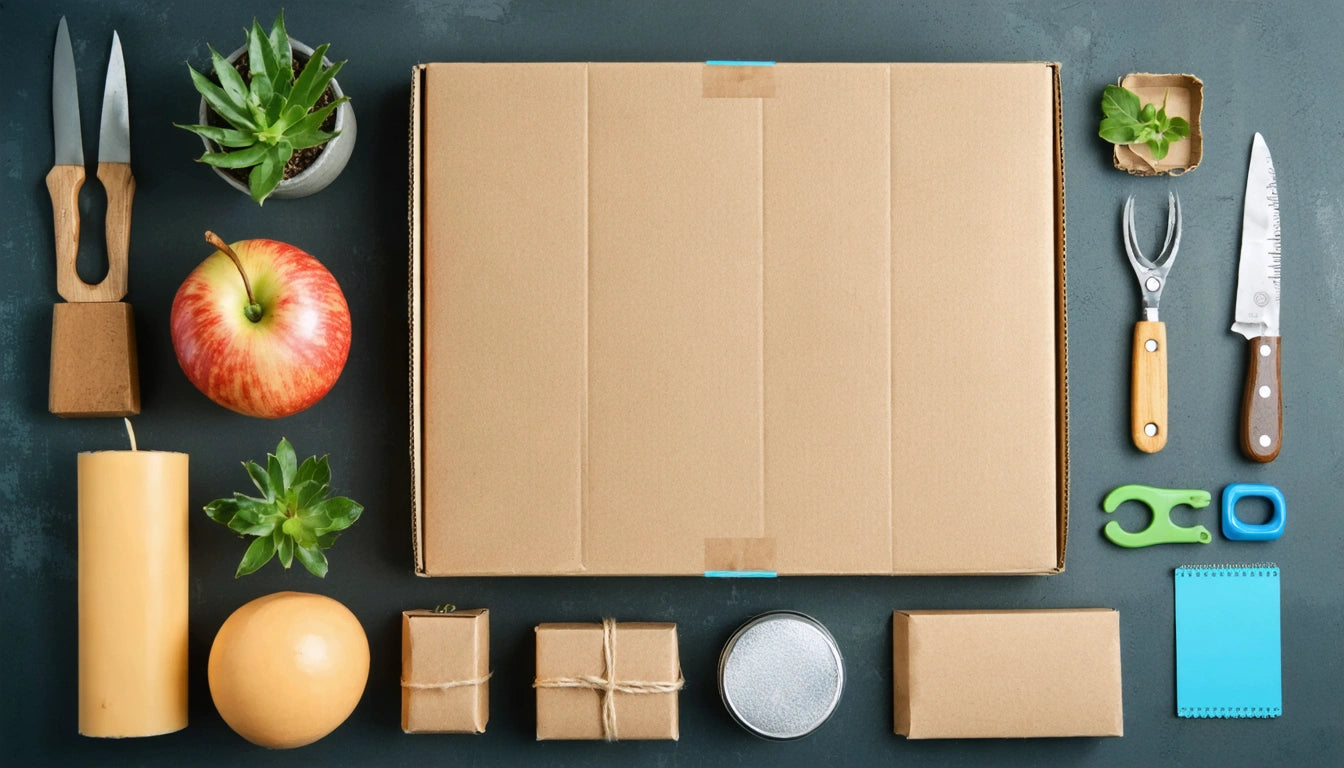 Cardboard box centered on dark surface, surrounded by apple, grapefruit, small plants, candle, wrapped gifts, and gardening tools