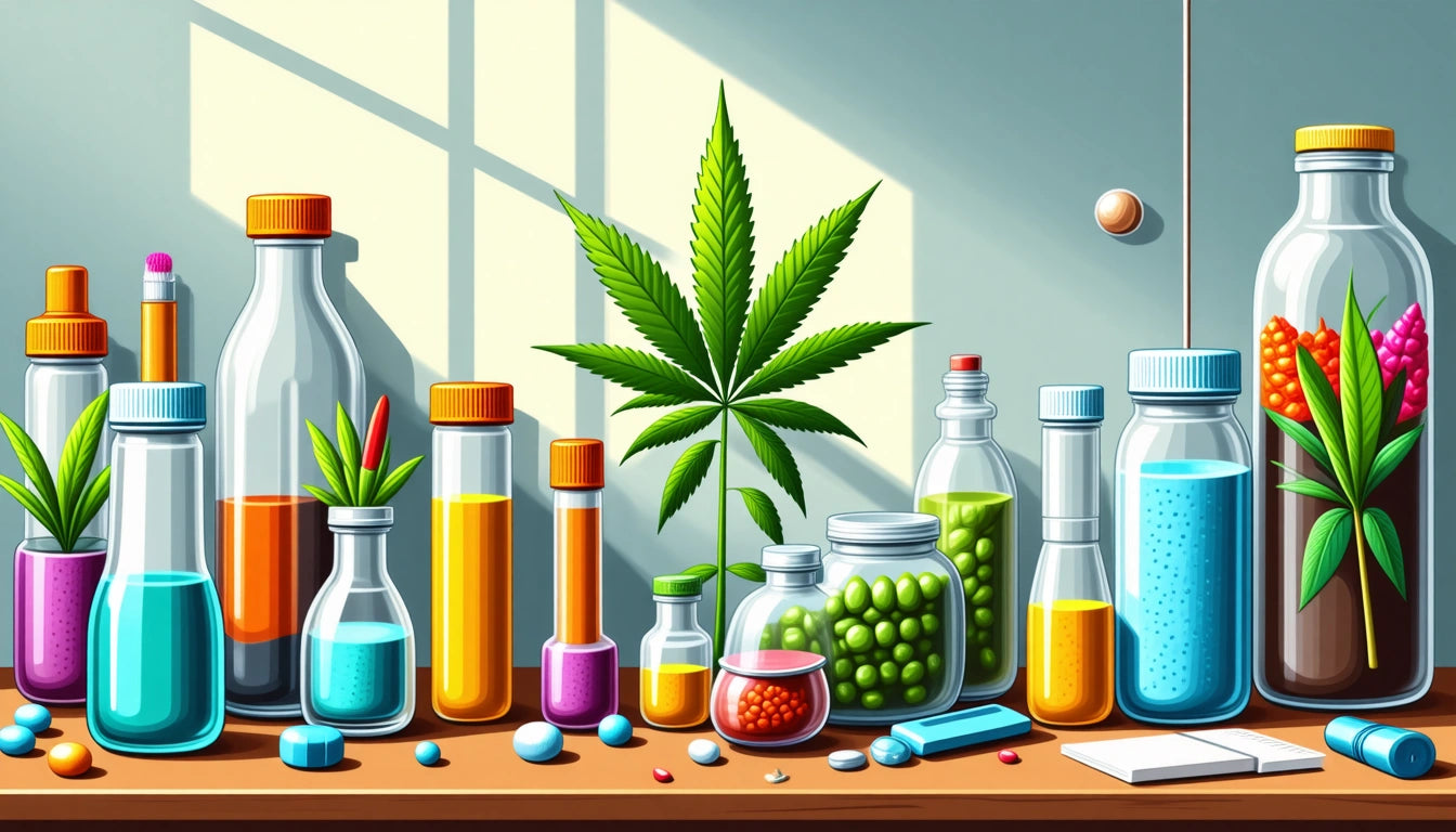 Various colorful bottles and jars on a table, large green leaf in background, sunlight casting window grid shadows