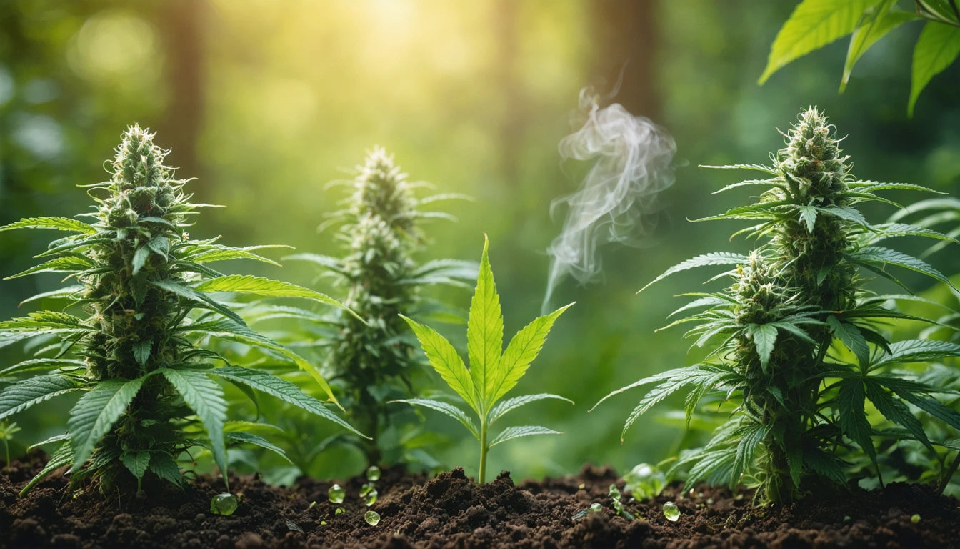 Three green plants with pointed leaves in soil, sunlight filtering through trees in the background, and a wisp of smoke rising