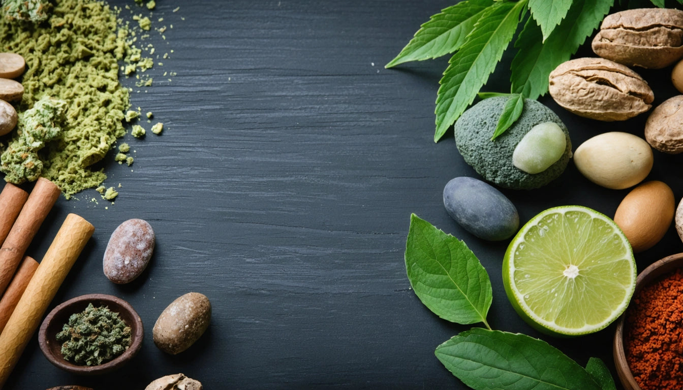 Cinnamon sticks, nuts, and green powder on left; lime, leaves, stones, and nuts on right against dark wooden background
