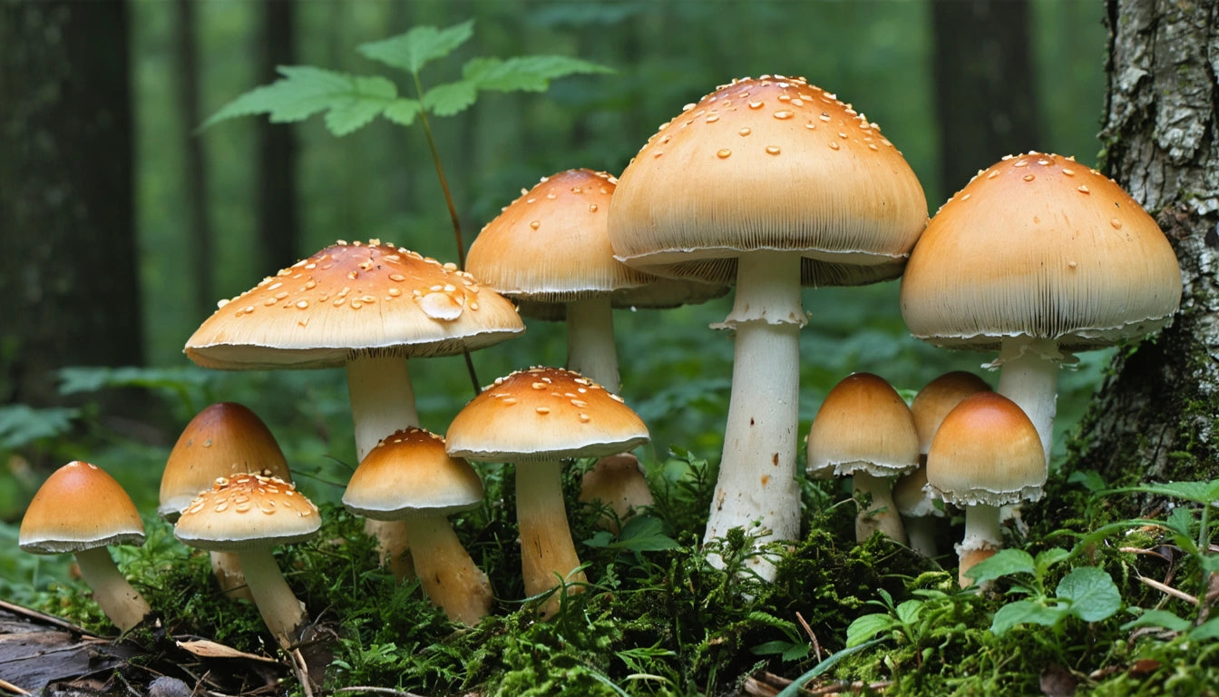 Cluster of orange-brown mushrooms with white stems, covered in droplets, growing on mossy forest floor with blurred trees in background